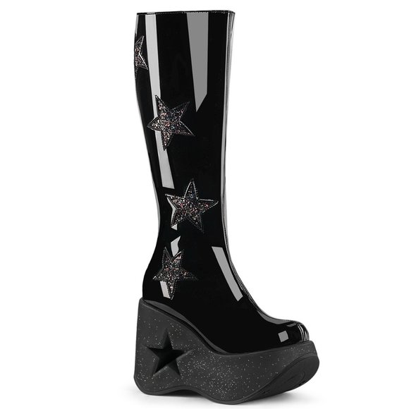 Demonia Dynamite 218 Black Glitter Knee High Platform Boots with Stars - Picture 1 of 9